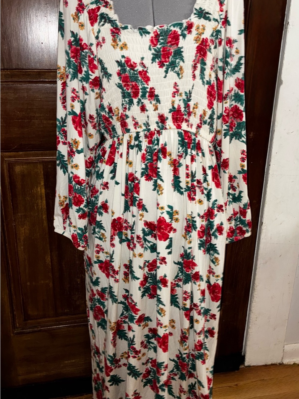 Nordstrom Floral Smocked Maxi Dress in Cream, Red and Green